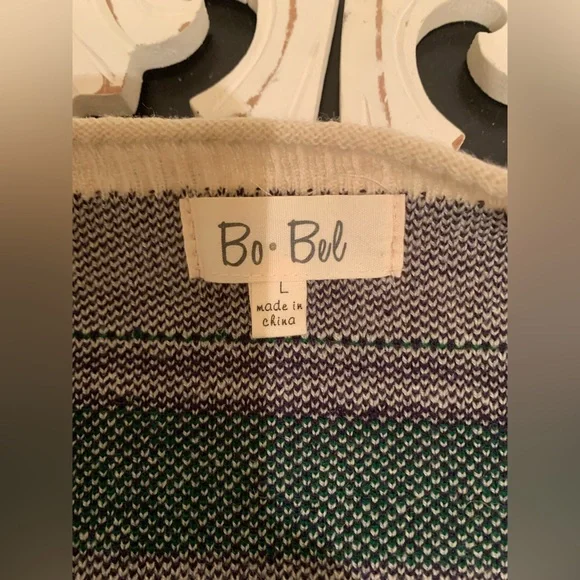 Bo Bel Beige with Dark Green and Purple Fringe Cardigan Sweeter NWT - Picture 8 of 12